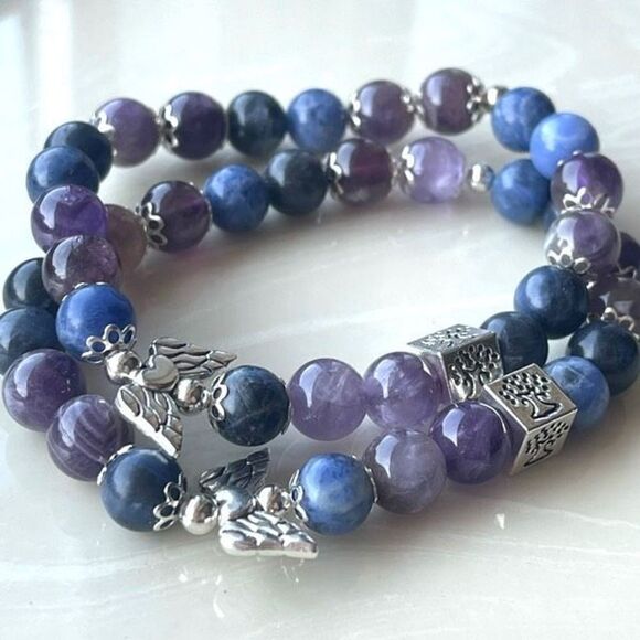 Amethyst sodalite Angel wings tree of life ONE NEW stretch bracelet beaded - Picture 1 of 11